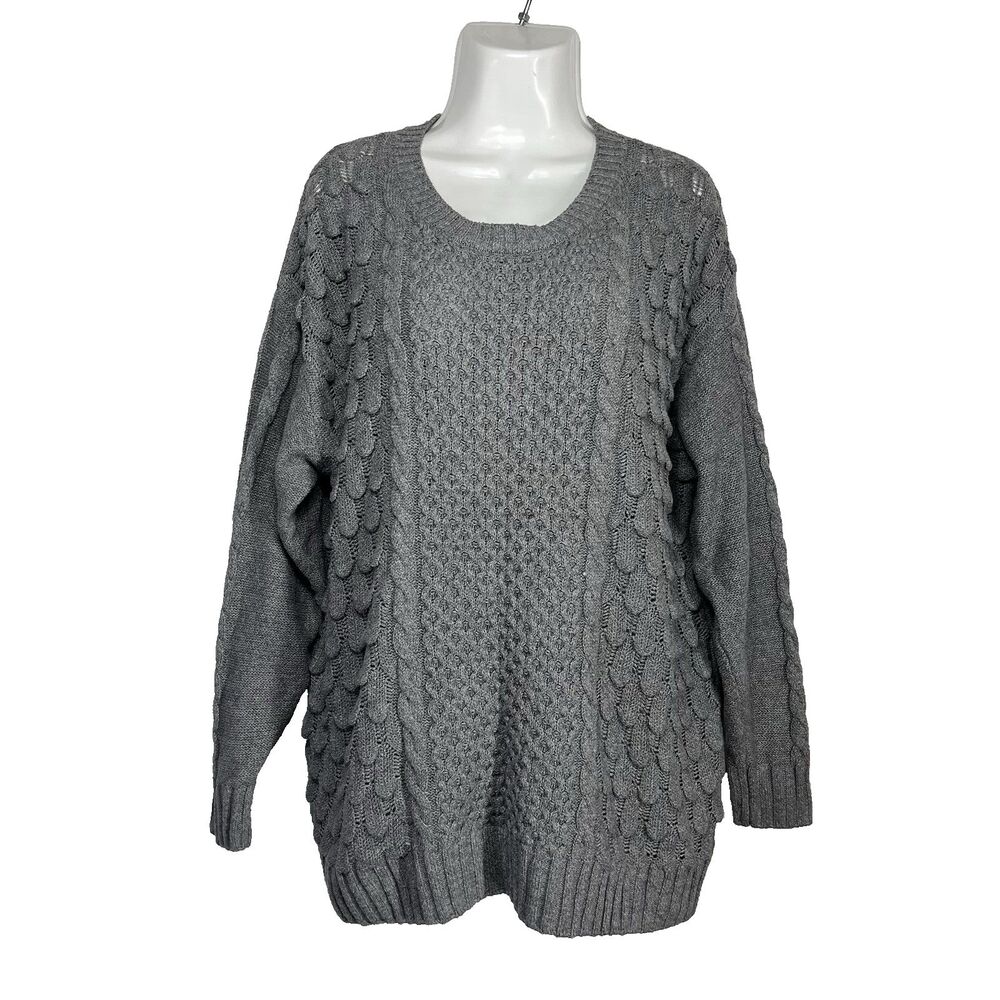 Molly & Isadora Plus Size Cable Knit Sweater 2X Grey Long Sleeve Scoop Neck Boho